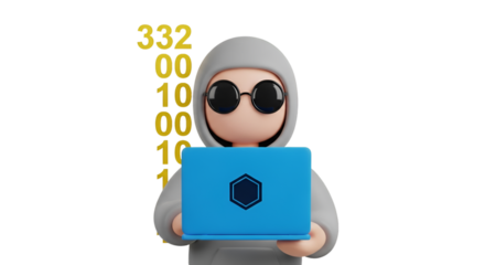 Cartoon Hacker with Laptop and Binary Code