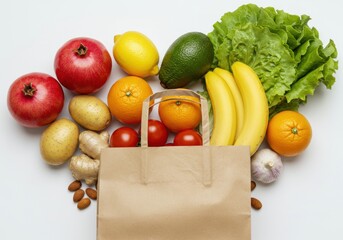 Paper Bag with Fresh Fruits and Vegetables on White Background – Healthy Food Flat Lay