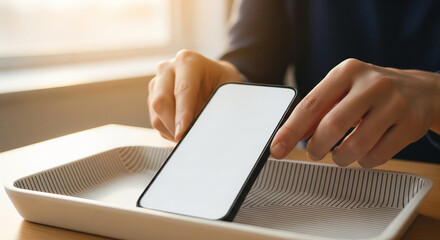 Woman placing a smartphone with a blank white screen into a tray, symbolizing a concept of digital detox, mindfulness, and disconnecting from technology