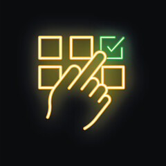 Neon sign of a hand selecting a check mark in a grid, representing concepts like choosing the right option