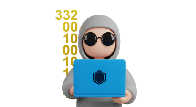 Cartoon Hacker with Laptop and Binary Code