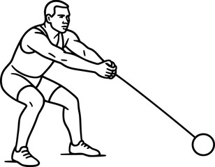 Black and white vector outline of hammer thrower watching trajectory, minimalist athletic pose capturing focus, motion and strength for creative sports design projects