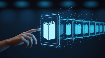 Digital Literacy: A human hand gently interacts with a digital representation of a book. This striking image symbolizes the convergence of human interaction and information access in the digital age.