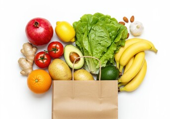Paper Bag with Fresh Fruits and Vegetables on White Background – Healthy Food Flat Lay