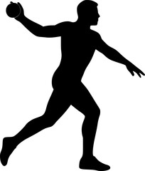 Black and white vector silhouette of grenade thrower in running approach, dynamic athletic pose capturing motion, speed and strength for creative sports and military design projects
