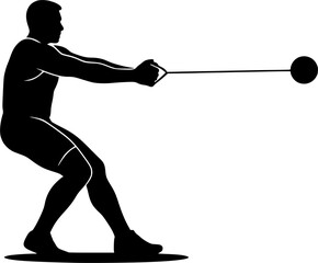 Black and white vector silhouette of a hammer thrower winding the hammer, strong athletic motion in minimalist dynamic style for creative and sports design projects