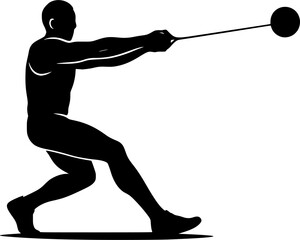 Black and white vector silhouette of hammer thrower releasing hammer, powerful athletic motion captured in minimalist dynamic design for creative projects