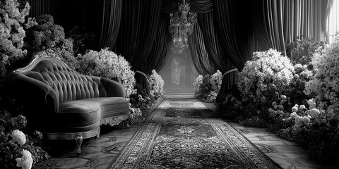 Elegant hallway adorned with flowers and vintage furniture