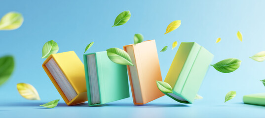 3D cartoon illustration of books and green leaves on a blue background, in a minimalistic style, suitable for casual game art