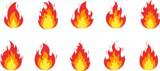 Set of realistic fire flame icons isolated on white