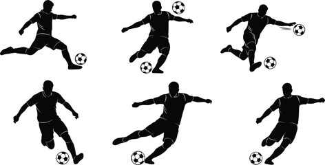 Soccer player silhouette collection, various black and white dynamic action poses with a football, kicking, running and dribbling the ball.