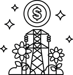 Fototapeta premium A black and white drawing of a person holding a dollar sign and a power line