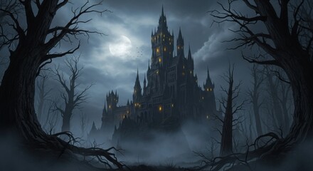 Dark Castle Haunted Forest Night Scene with Full Moon and Mist