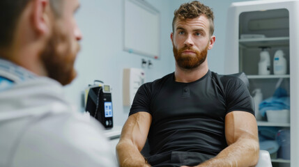 Obraz premium A focused athlete clarifies health concerns with a doctor, highlighting the collaboration between sports and medical fields to ensure optimal performance and preventive care.