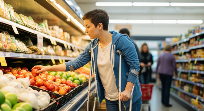 Young woman with an injury on crutches carefully selecting fresh red apples from the produce section in a modern grocery store