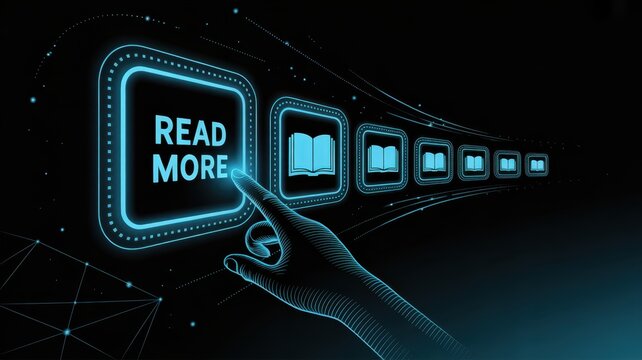 Reading More: A digital hand elegantly interacts with a glowing button to explore further into a world of knowledge and insight.