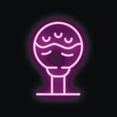 Bright purple neon sign representing a lollipop with swirls and a stick, glowing in the dark on a black background