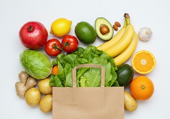 Paper Bag with Fresh Fruits and Vegetables on White Background – Healthy Food Flat Lay