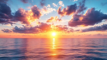 A stunning sunset over a calm ocean, with vibrant clouds reflecting warm hues of orange, pink, and purple against the serene water surface.