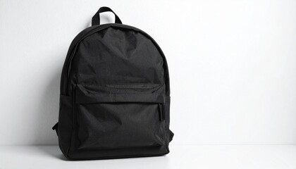 Fototapeta premium Render a sleek black backpack with large main compartment, smaller front pocket, top handle, and nylon texture, isolated on a clean white background to emphasize minimalist design and everyday utility