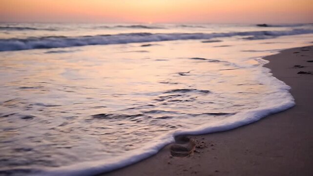Ocean Waves Gently Erasing Footprints on the Beach at Sunset