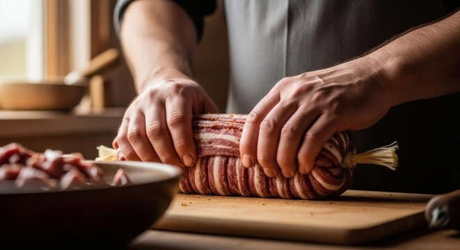 Traditional kazy horse sausage preparation, an authentic artisanal craft