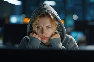 Young woman hacker with angry face looking at computer monitor in dark office. Cybercrime and online safety concept.