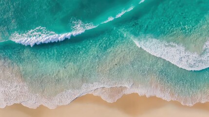 Fototapeta premium Spectacular top view from drone photo of beautiful beach with relaxing sunlight, sea water waves pounding sand at shore, calmness and refreshing beach scenery