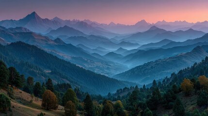 A serene mountain landscape at dusk, with layered peaks and rolling hills, showcasing a gradient of colors from orange to blue.