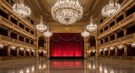 Obraz premium Elegant Historic Theater Ballroom with Large Chandeliers and Red Stage Curtain