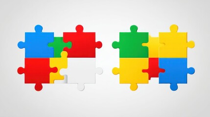 Two square puzzles, one slightly assembled, the other complete. Pieces are various bright colors