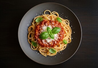 Spaghetti Pasta with Tomato Sauce, Parmesan and Basil
