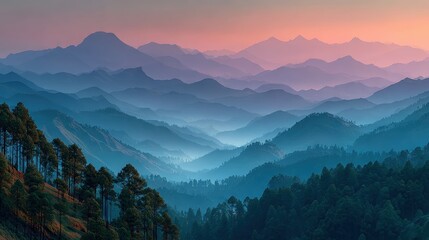 Obraz premium A breathtaking landscape featuring layered mountains at sunset, showcasing a gradient of colors from orange to blue, surrounded by lush trees.
