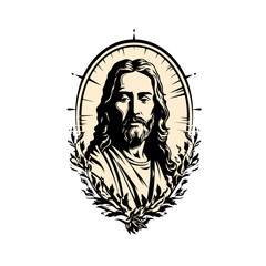 Iconic portrait of Jesus Christ framed by laurel wreath radiating divine light, symbolizing faith and guidance
