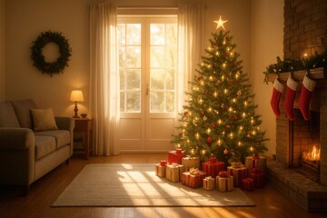 Cozy Christmas Living Room with Decorated Tree and Fireplace.