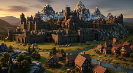 Fototapeta premium Medieval Castle Fortress Surrounded by Small Village and Mountain Range in Sunset Light