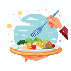 Hand Holding Fork Over a Colorful Salad on a Plate