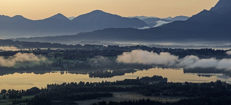 Lake, mountains, morning light, sunrise, fog, summer, panorama, Staffelsee, Murnau, Alpine foothills, Bavaria, Germany