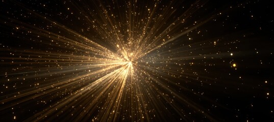 Radiant golden burst emanating from a central point, scattered particles on dark background