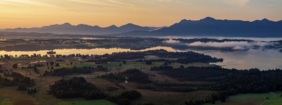Lake, mountains, morning light, sunrise, fog, summer, panorama, Staffelsee, Murnau, Alpine foothills, Bavaria, Germany