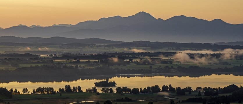 Lake, mountains, morning light, sunrise, fog, summer, panorama, Staffelsee, Murnau, Alpine foothills, Bavaria, Germany