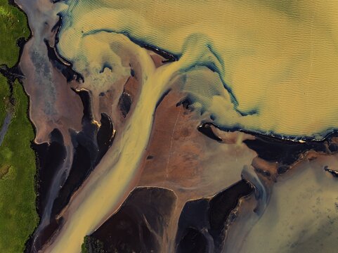 River, river course, river delta, branches, aerial view, wild river, summer, marshland, sediments, sulphur, South Iceland, Iceland