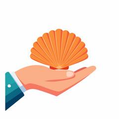 Hand Holding Orange Scallop Shell on White Background