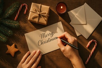 Hand writing Merry Christmas on a card with festive decorations.