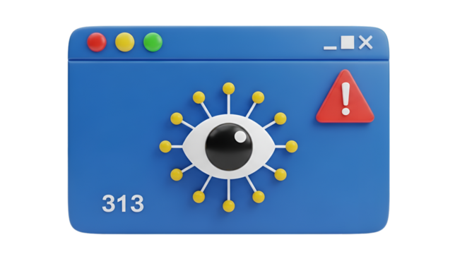 Digital Eye Icon with Warning Alert on Blue Window