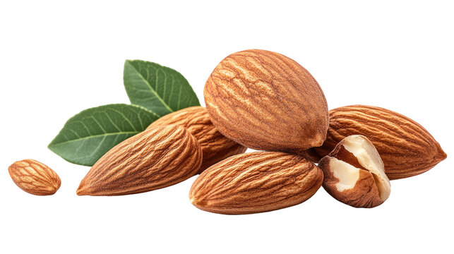 fresh, organic almonds sit, a visual treat, complemented by verdant leaves. The nuts, rich in texture and color. Isolated On Transparent and White Background - Powered by Adobe