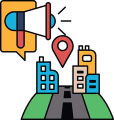 A city skyline with a large speaker in the middle