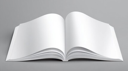 Open blank book with white pages against a grey background, top-down view