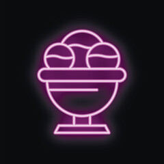 Bright neon sign of a delicious ice cream sundae on a black background