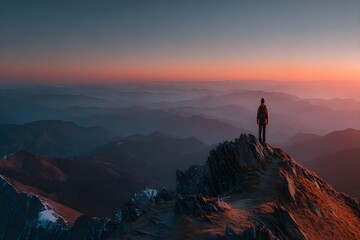 Peaceful Sunset Over Mountain Ridge and Rolling Hills